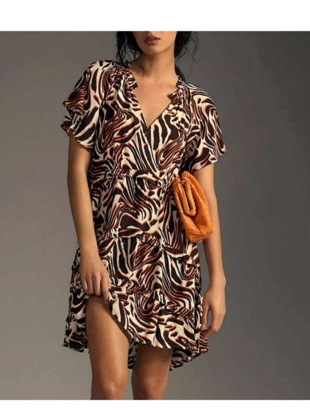 ANTHROPOLOGIE Robin Tiered Brown Orange White Marble Animal Mini Dress